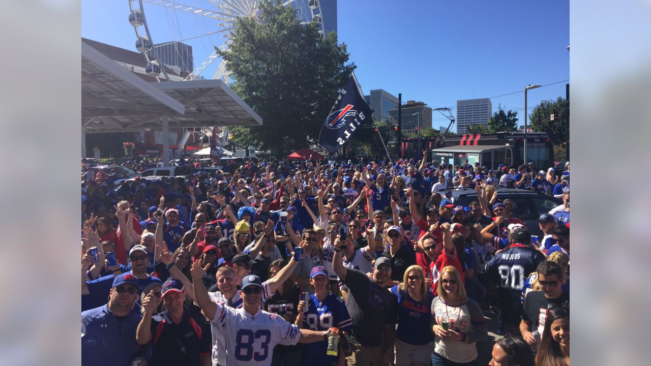 A crowd of Bills Backers celebrating together in downtown Atlanta
